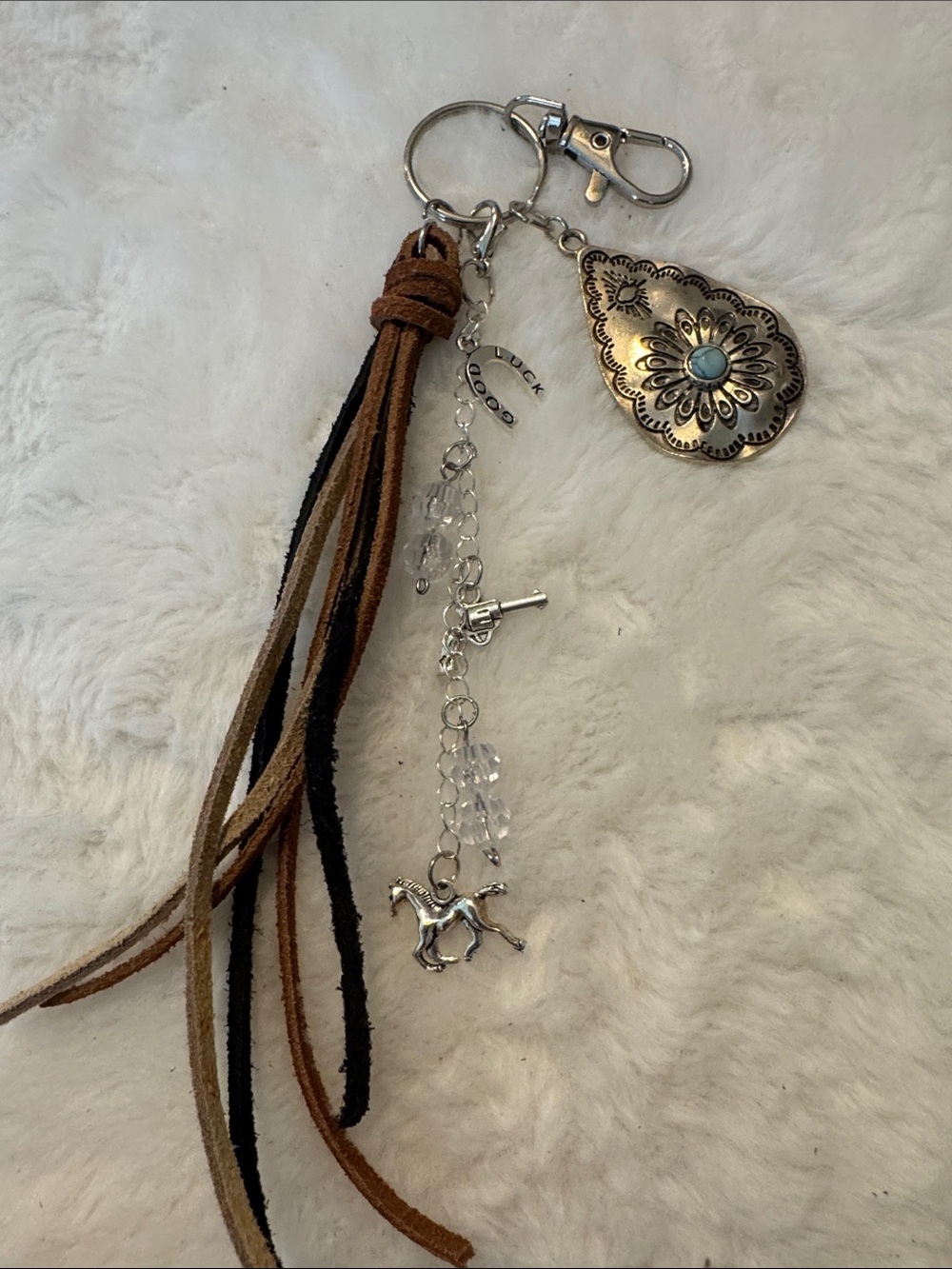 Boho Tassel and Charm Keychain with Turquoise Teardrop Accent - Picture 2 of 3